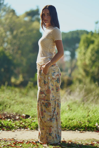 FLOWER PRINTED DENIM WAIST DROPPED POCKETS PANT—FREE SPIRIT DREAMER Series