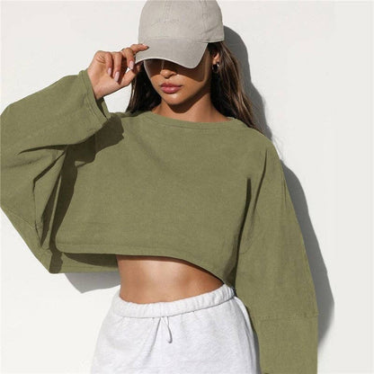 Loose Cropped Solid Color Sports Sweater