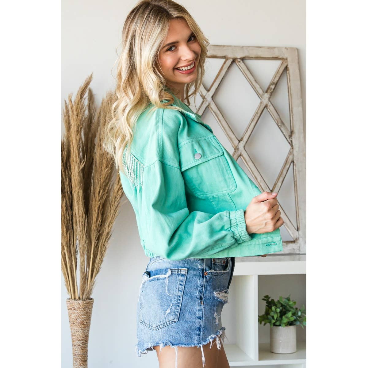 Rhinestone Fringed Back Color Denim Jacket (Turquoise)