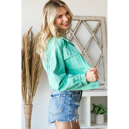 Rhinestone Fringed Back Color Denim Jacket (Turquoise)