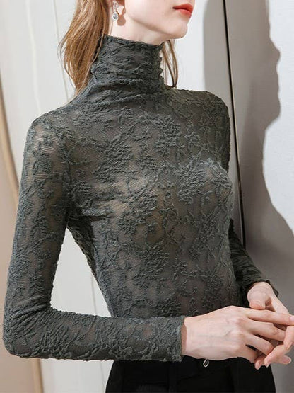Montana Boho/Western Essentials: Sheer Mesh Floral Textured Lace Turtleneck Top