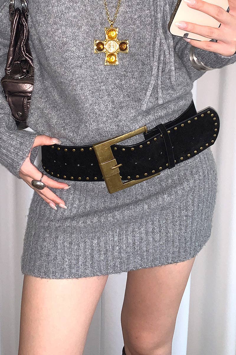 Wide Buckle Studded Belt