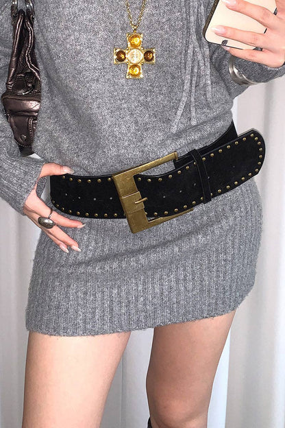 Wide Buckle Studded Belt