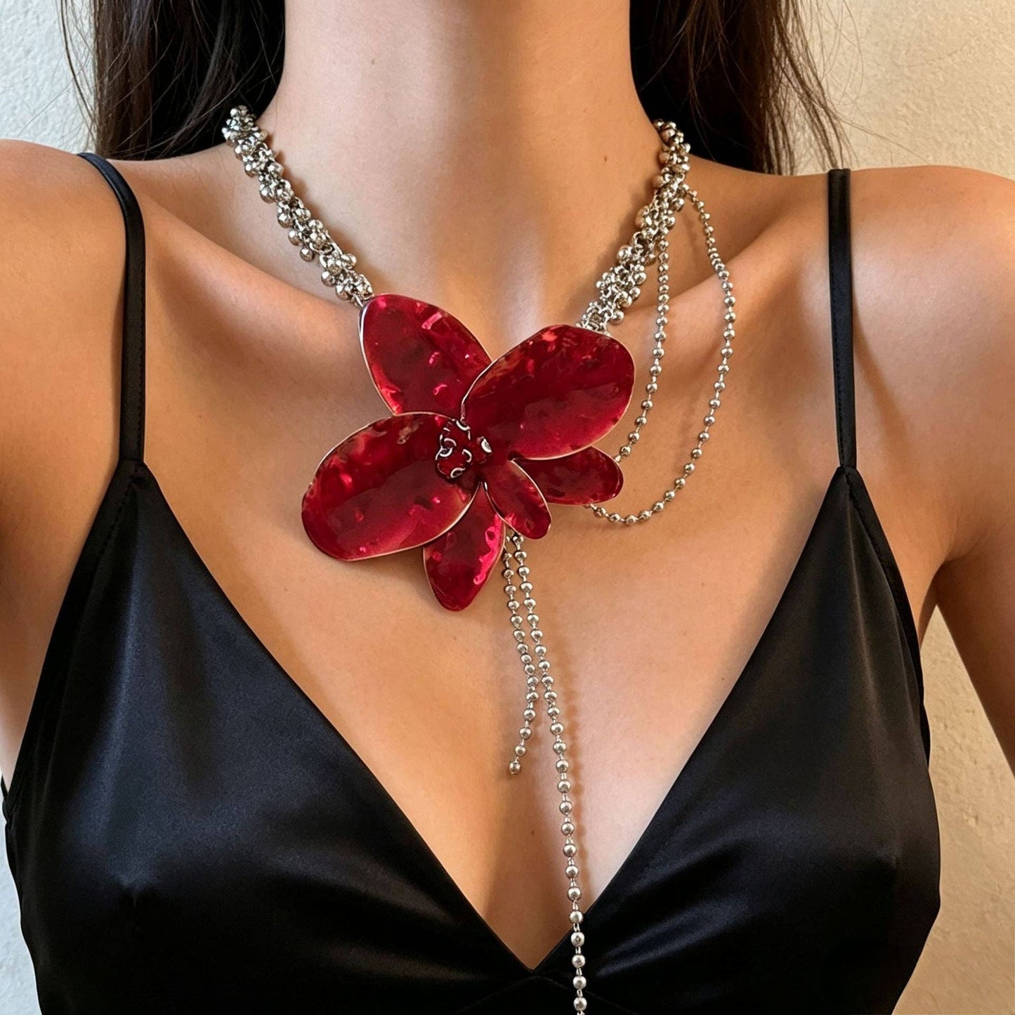Vintage Drop Oil Flowers Pendant Tassel Necklace, Retro
