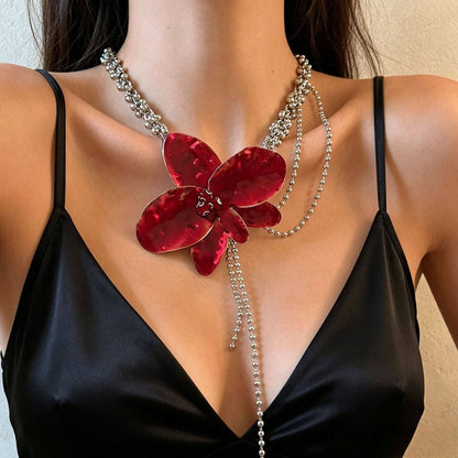 Vintage Drop Oil Flowers Pendant Tassel Necklace, Retro