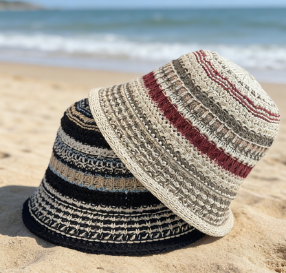 Boho Striped Straw Bucket Hat Breathable Sun Hat: Montana Boho Western Spirit Fashion