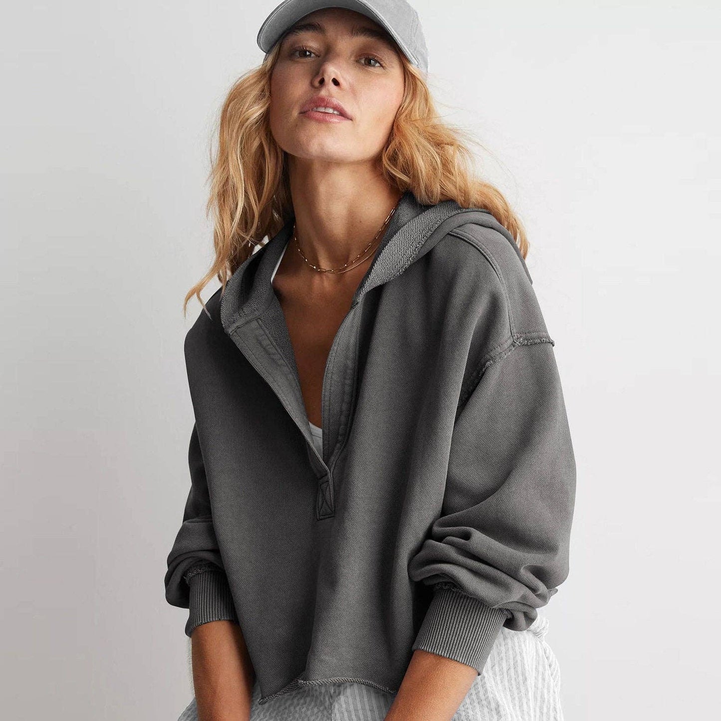V-Neck Hoodie Long Sleeve Pullover Sweatshirt