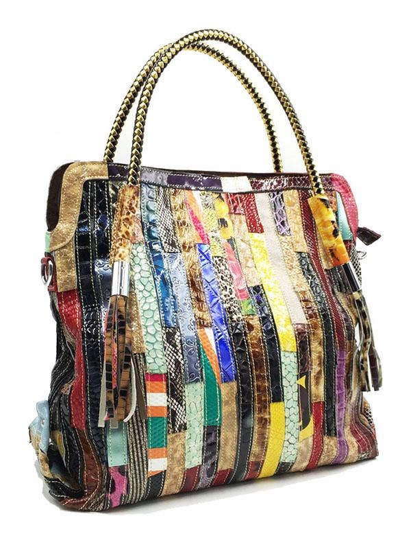 Montana Boho Western Spirit Fashion: This yummy fashion speaks to your boho western spirit, and this statement is a true Yellowstone-Vibe: Split-joint Striped Shoulder Sling Leather Bag