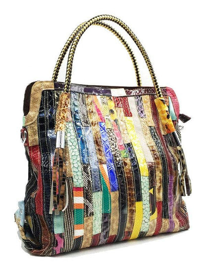 Montana Boho Western Spirit Fashion: This yummy fashion speaks to your boho western spirit, and this statement is a true Yellowstone-Vibe: Split-joint Striped Shoulder Sling Leather Bag