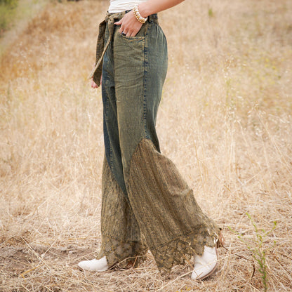 Montana Boho Mixed-Media Lace Hem Tie-Waist Flare Pants