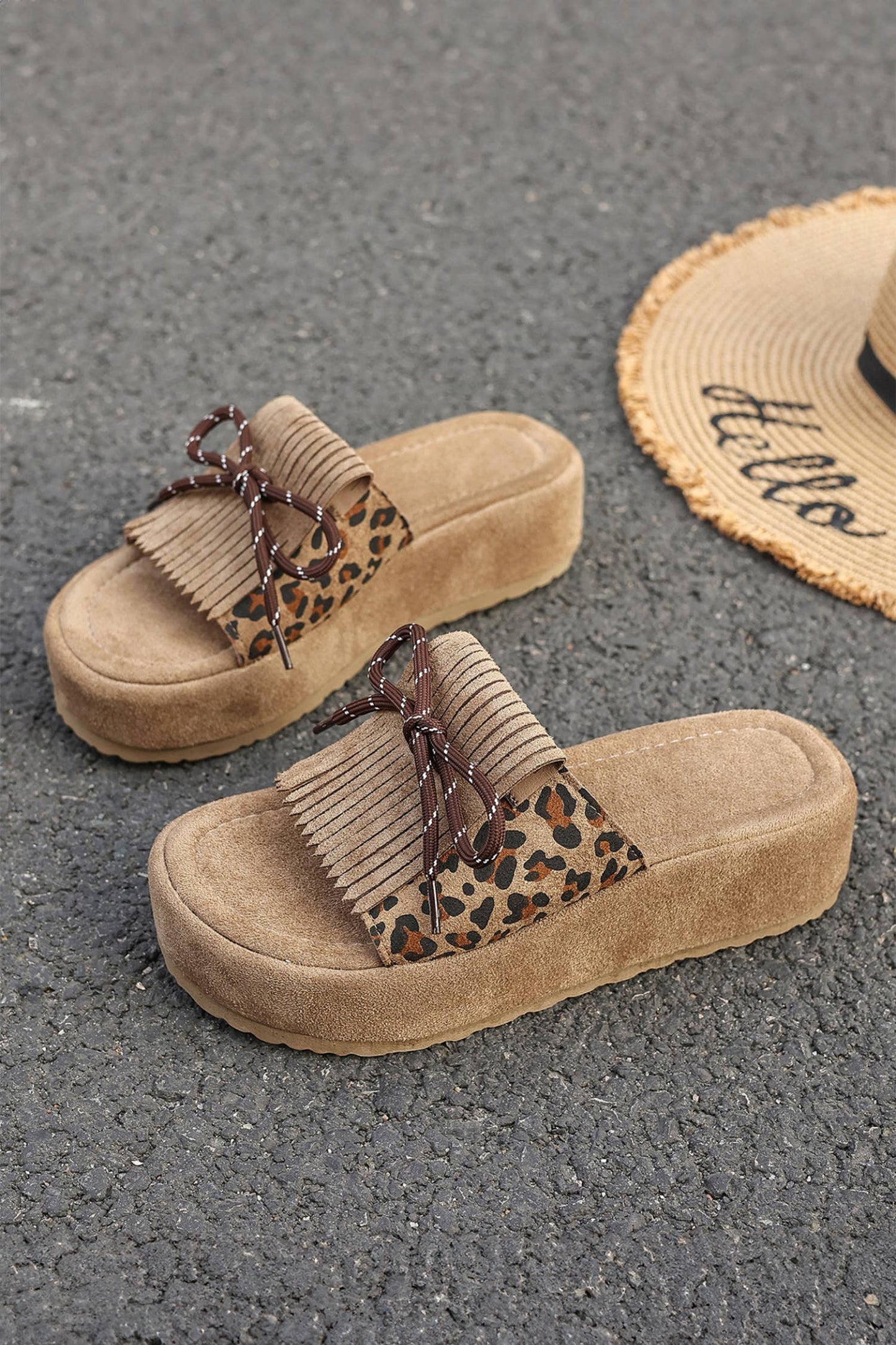 Montana Boho Western Spirit Shoes: Leopard Faux Suede; Lace-up Detail Platform Sandals
