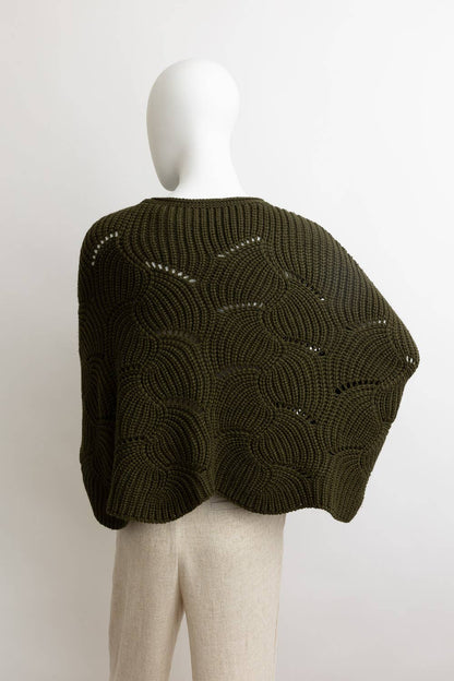 Ribbed Knit Pattern Poncho w/ Sleeves (Olive)