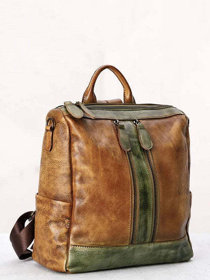 Casual Travel Color Matching Leather Backpack BROWN