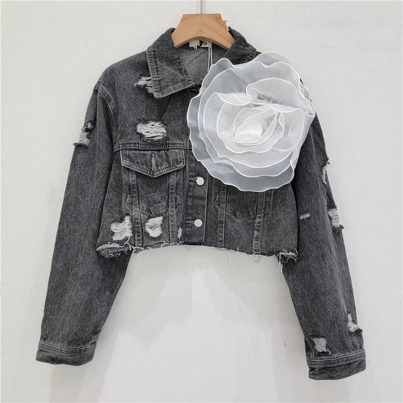 Be A Show-Stopper—Simply IRRESISTIBLE: Distressed Denim Jacket w/Floral Design