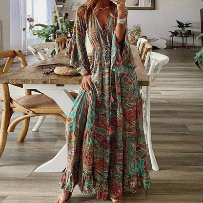Montana B0HO V-Neck, Comfy-Wear Dress (Turquoise & Rust)