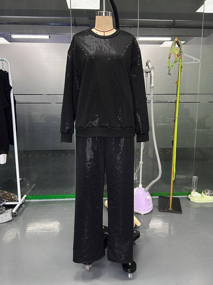 Show-Stopping Comfort: Sparkling sequin allover; wide-leg pant set