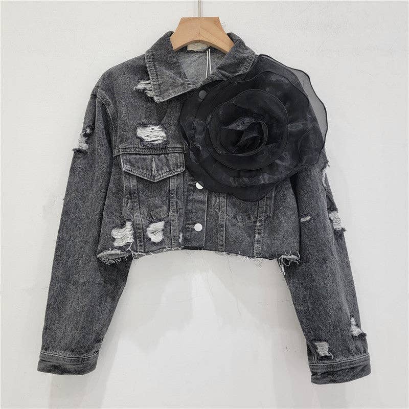 Be A Show-Stopper—Simply IRRESISTIBLE: Distressed Denim Jacket w/Floral Design