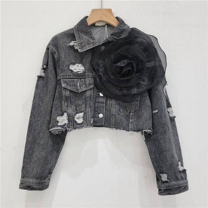 Be A Show-Stopper—Simply IRRESISTIBLE: Distressed Denim Jacket w/Floral Design