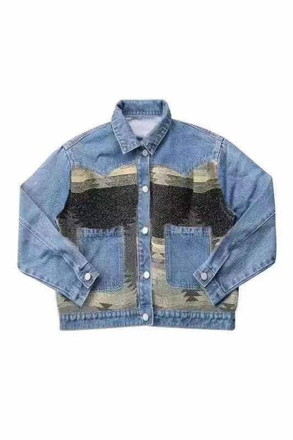 Denim Jacket with contrast fabric Aztec Print