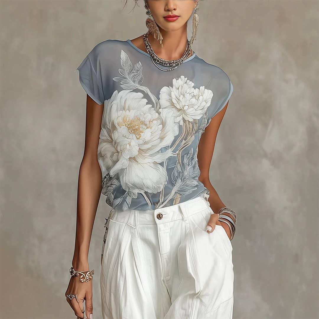 Floral Short Sleeve Lightweight Crew Neck Blouse (White Peony Floral)