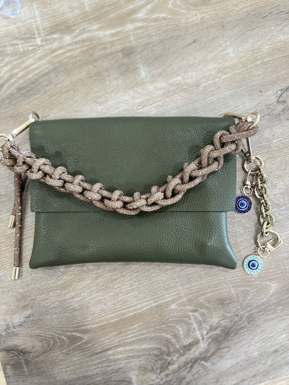 VOGUE—Runway Series:Trio Italian Leather Crossbody, Crystal Handle, Shoulder & Clutch Bag