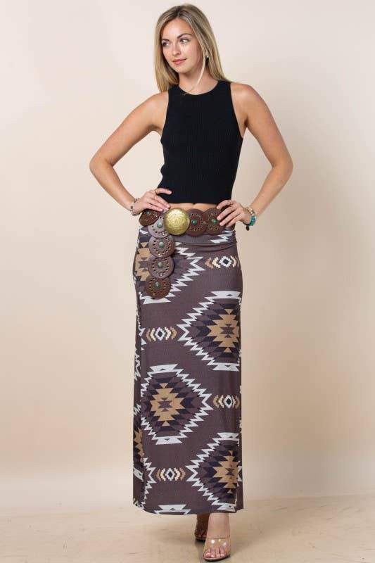 Montana Boho Western Spirit Fashion:  AZTEC PRINT A-LINE KNIT FULL SKIRT