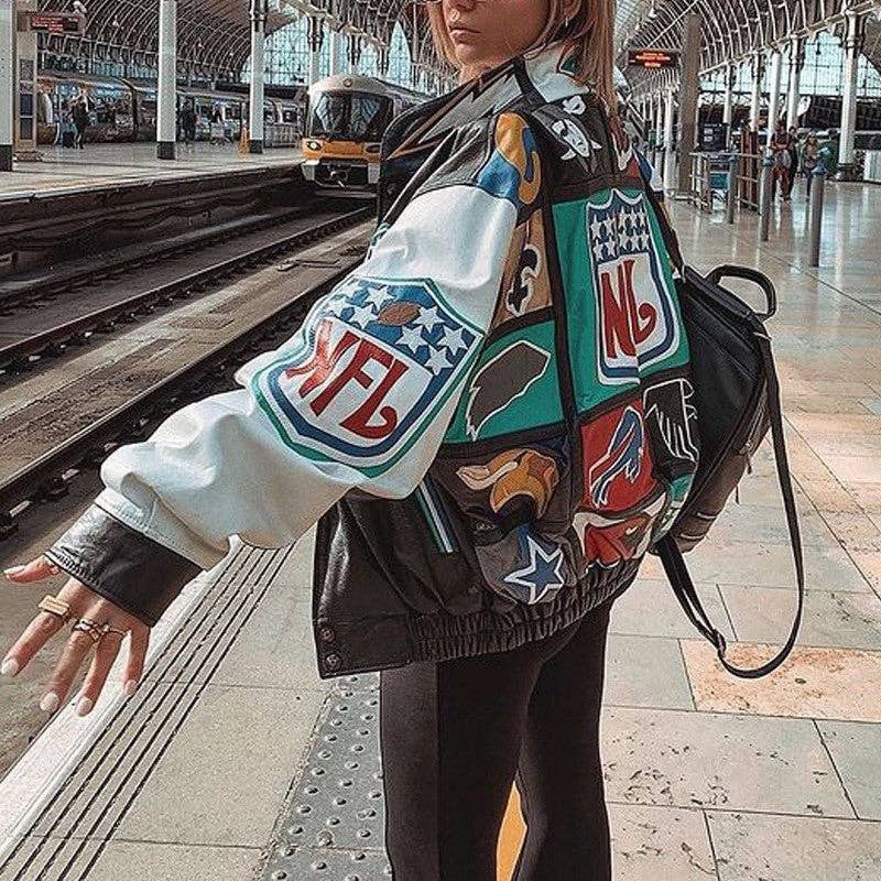 Casual Loose Fit Long Sleeve Jacket With Colorful Print (NFL)