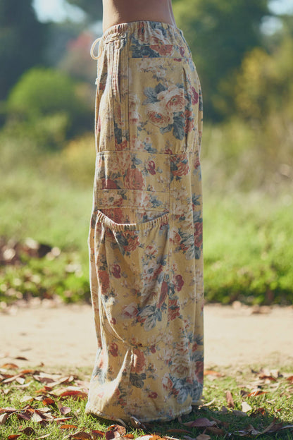 FLOWER PRINTED DENIM WAIST DROPPED POCKETS PANT—FREE SPIRIT DREAMER Series