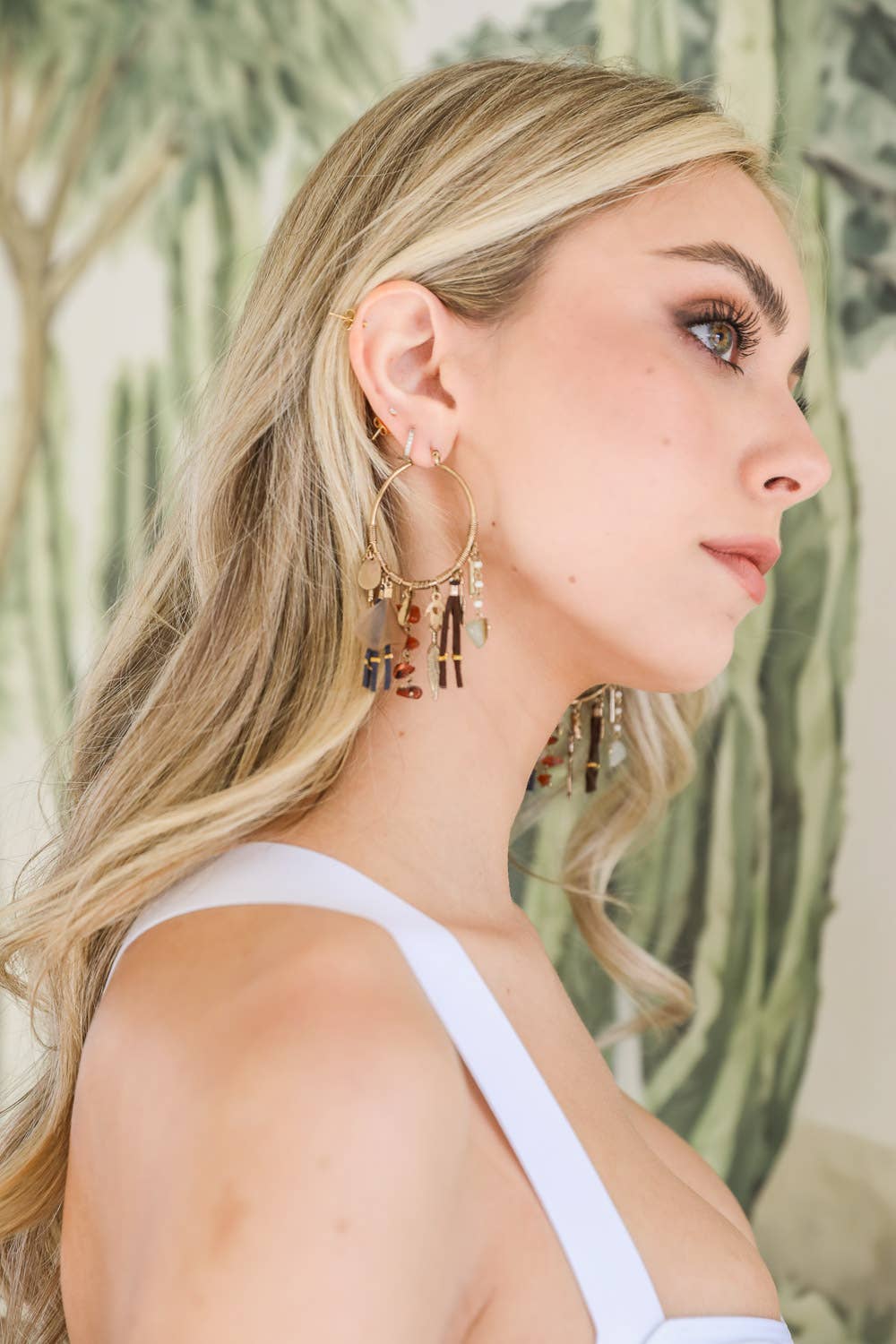 Carnelian & Jade Feather Fringe Hoop Earring