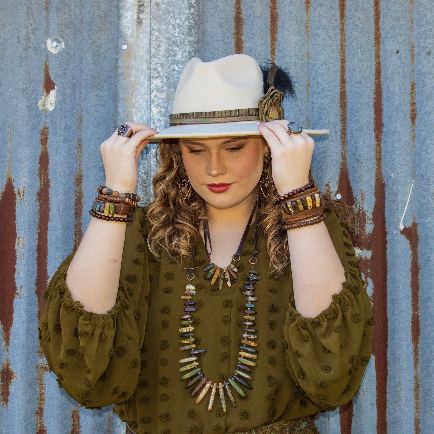 Genuine Leather Cuff with Picasso Jasper Gemstone Chunks —Montana Boho Western Spirit Jewelry: