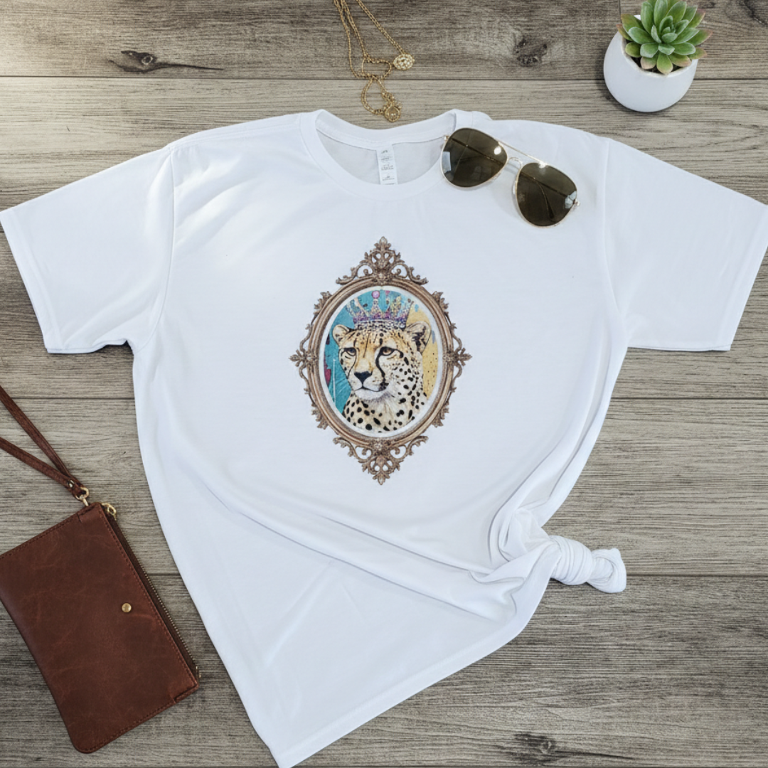 Leopard Rhinestone Queen with Antique Frame Graphic Tee (T-Shirt)