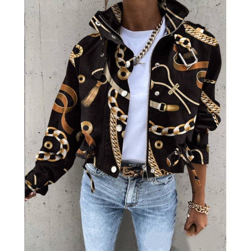 Jacket: Printed Zip-Up Drawstring Short Jacket (Runway Hit)