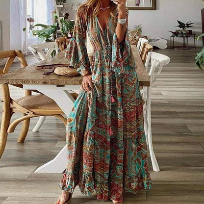 Montana B0HO V-Neck, Comfy-Wear Dress (Turquoise & Rust)