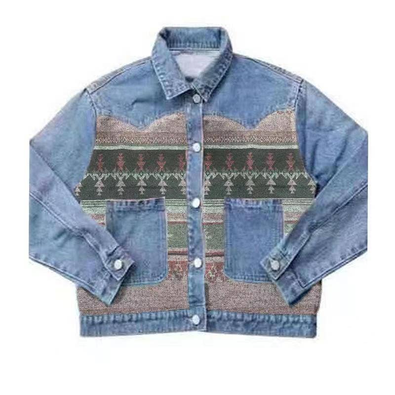 Denim Jacket with contrast fabric Aztec Print