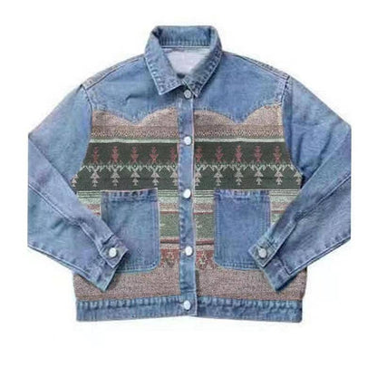 Denim Jacket with contrast fabric Aztec Print