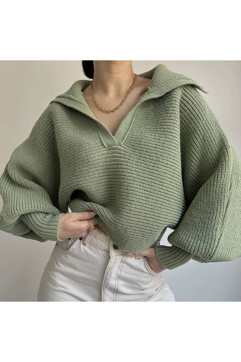 Cozy Ribbed V-Neck Sweater (Creme & Pink)