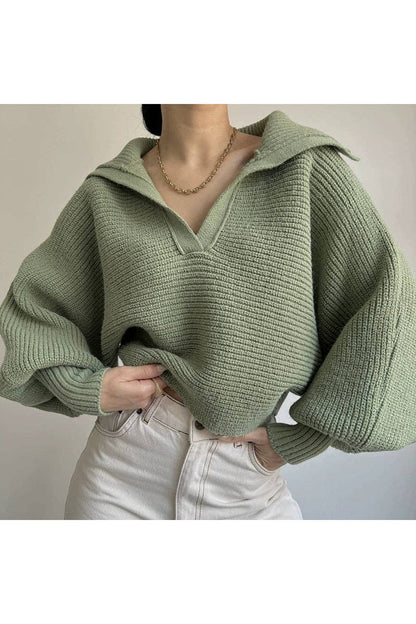 Cozy Ribbed V-Neck Sweater (Creme & Pink)