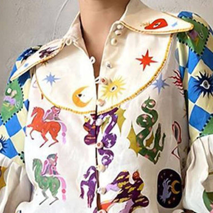 FREE SPIRIT DREAMER Series: Loose Casual Cartoon Printed Lapel Long Sleeve Shirt