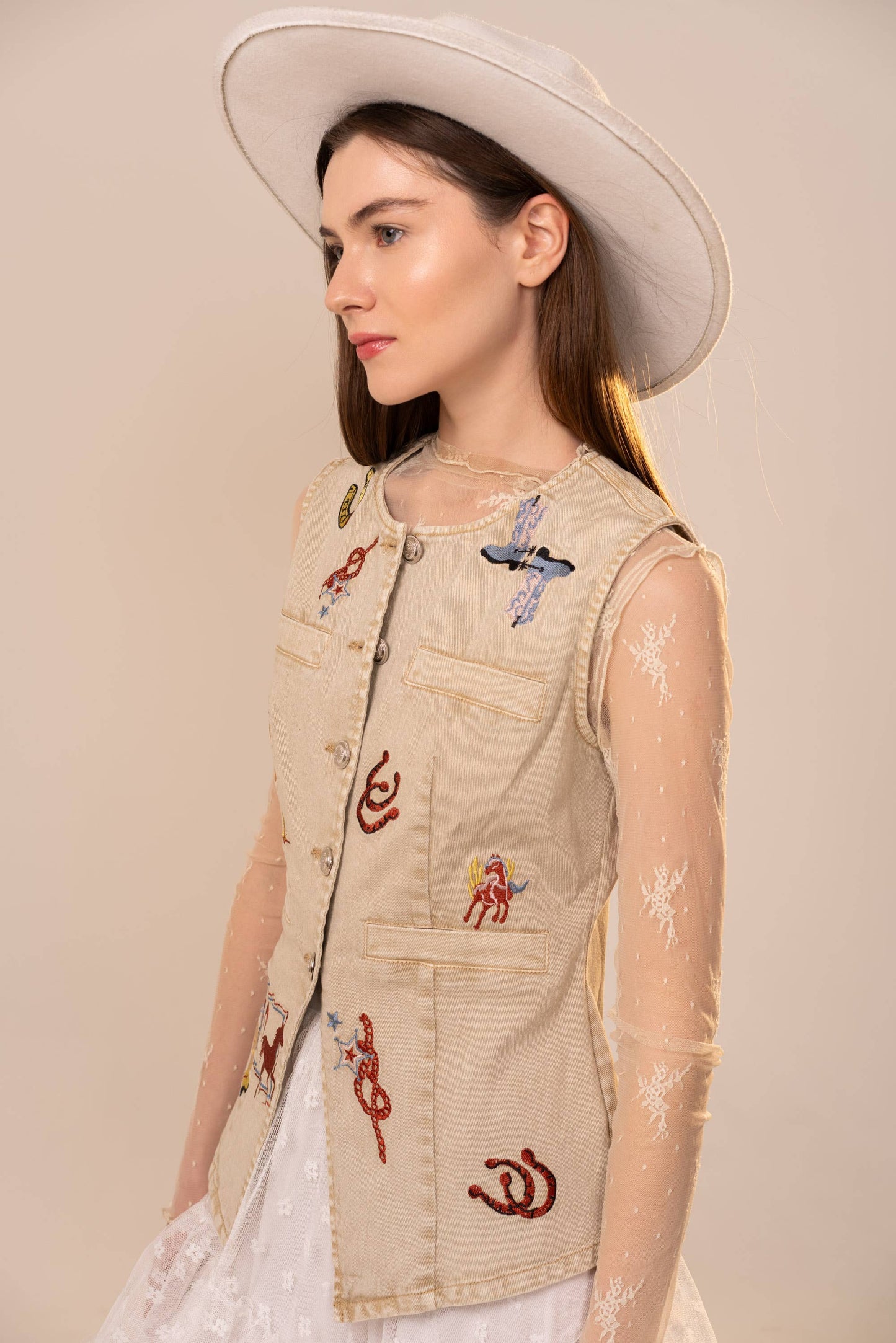 Simply Irresistible, Be the showstopper: Motif Embroidery Fitted Denim Vest