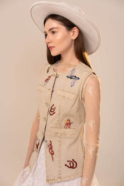 Simply Irresistible, Be the showstopper: Motif Embroidery Fitted Denim Vest