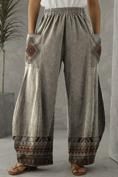 Aztec Print Pockets Western Wide Leg Pants (Light Weight)