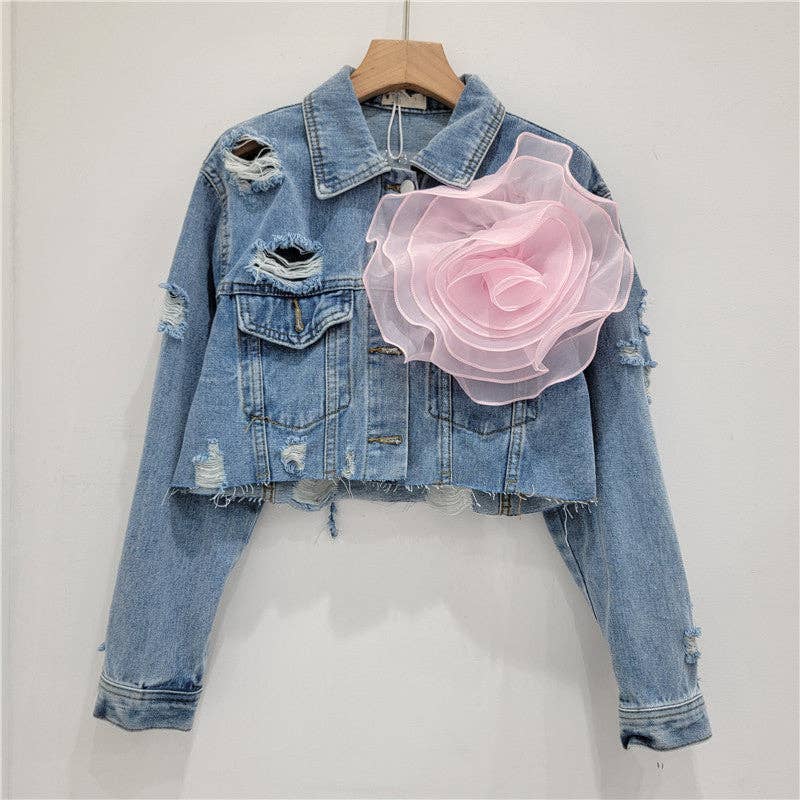 Be A Show-Stopper—Simply IRRESISTIBLE: Distressed Denim Jacket w/Floral Design