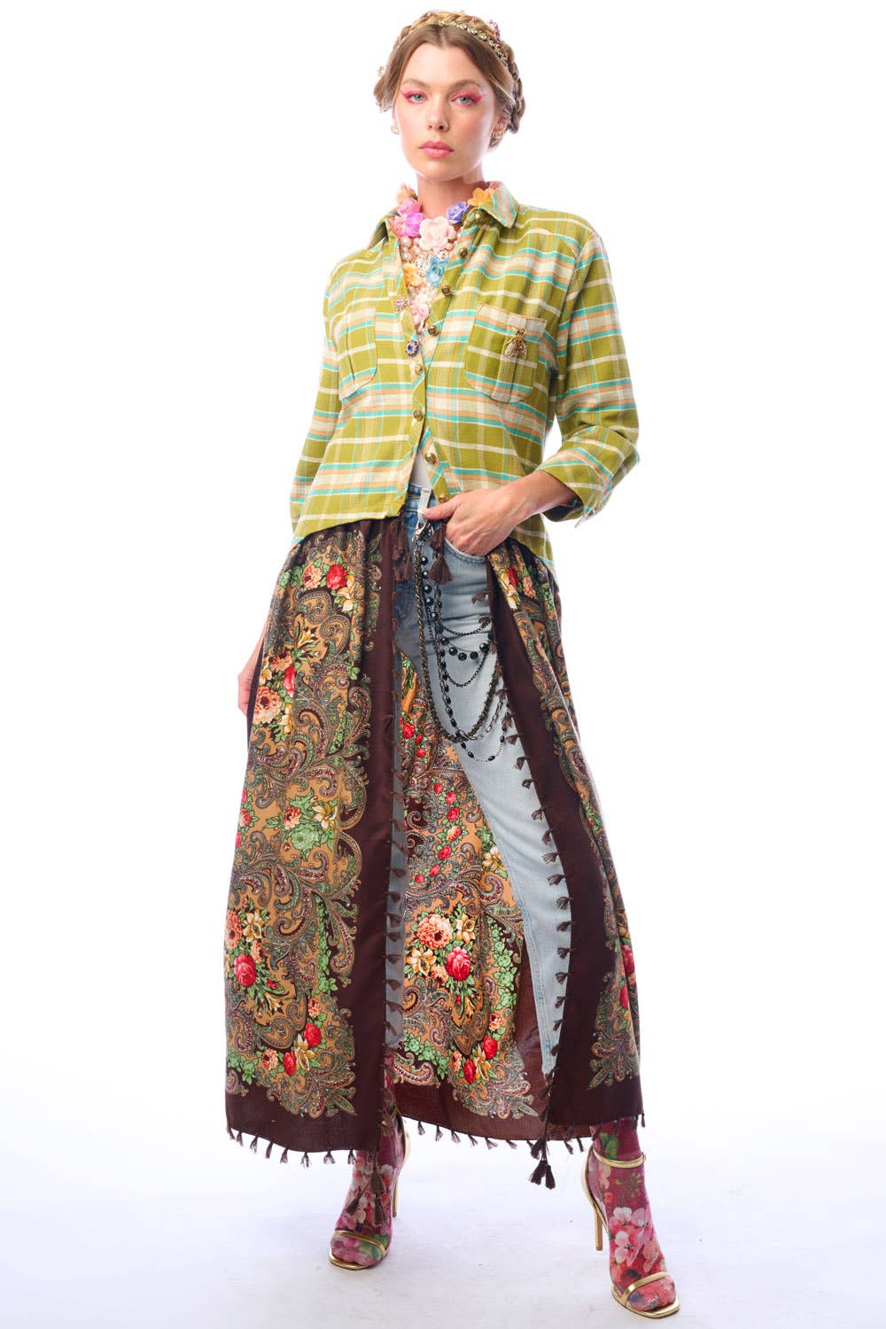 Boho Fashion:  Be the showstopper: Beatrice Maxi Shirt-Olive; Floral Shirt Duster