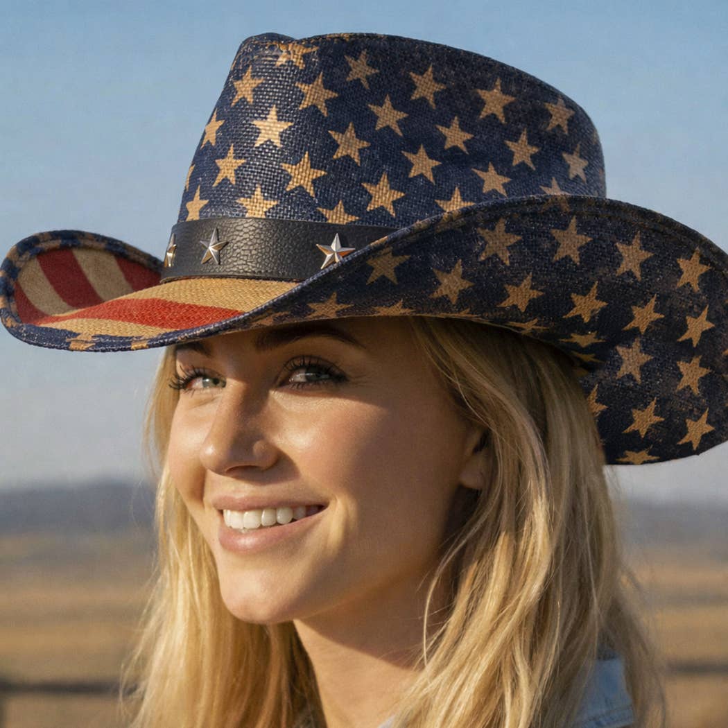 Liberty Star Western Straw Cowboy Hat (Blue/Tan Theme)