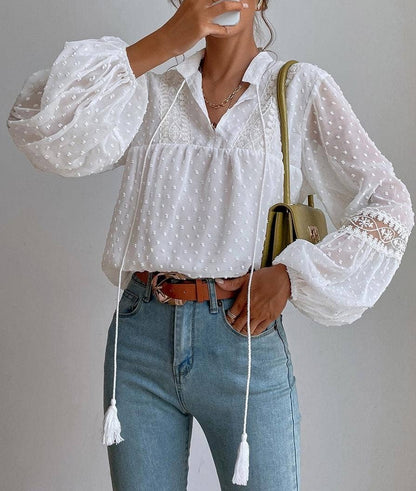 FREE SPIRIT DREAMER Series:Boho Polka Dot Sheer Lace Chiffon Blouse