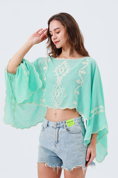 Boho Embroidered Cropped Kaftan Top