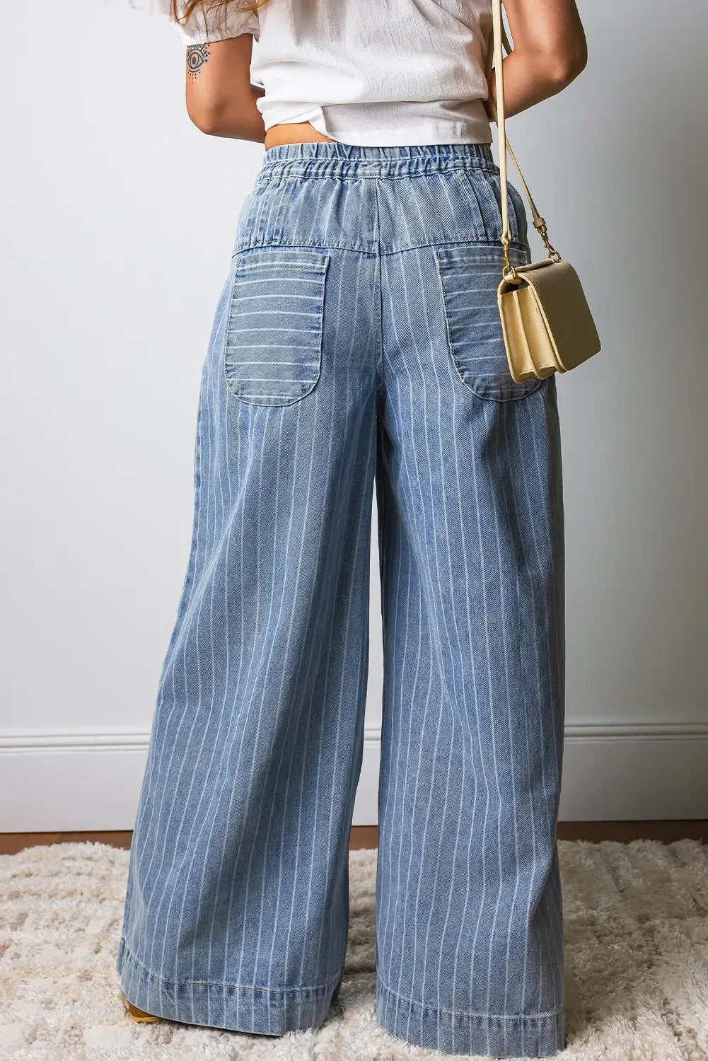 FREE SPIRIT DREAMER Series: Stripe Button Pleated Drawstring Waist Casual Wide Leg Jeans