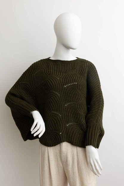 Ribbed Knit Pattern Poncho w/ Sleeves (Olive)