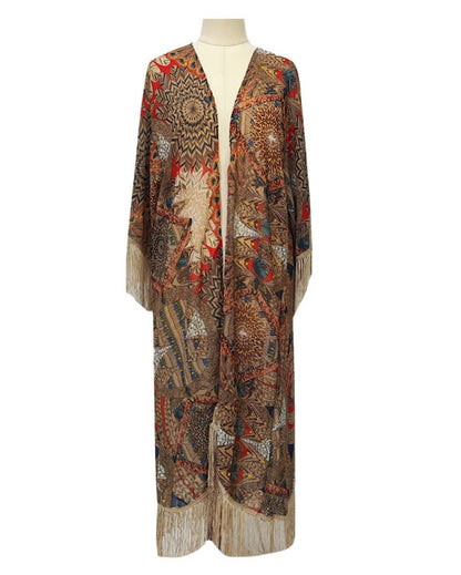 Bohemian Multicolor Print Fringe Kimono Cover-Up