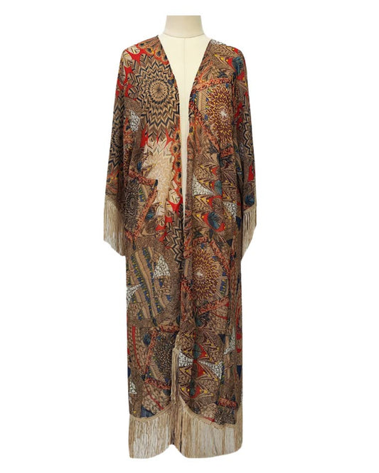 Bohemian Multicolor Print Fringe Kimono Cover-Up